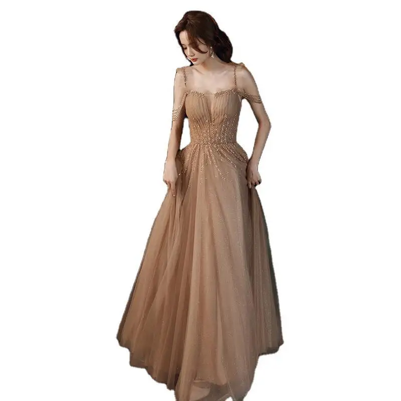 

Khaki Sequin Luxury Fairy Evening Dress Female 2021 Summer Banquet Sling Aura Queen Host and Lady Birthday Party Prom Dress A106