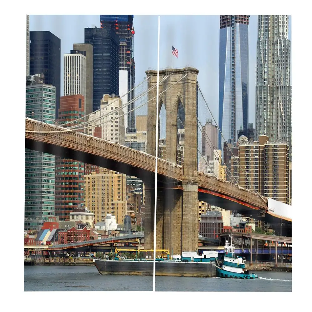 

Custom New York USA City scape Bridge Buildings and River Coastal Scenery Curtain For Living room Bedroom Blackout Drapes Sets