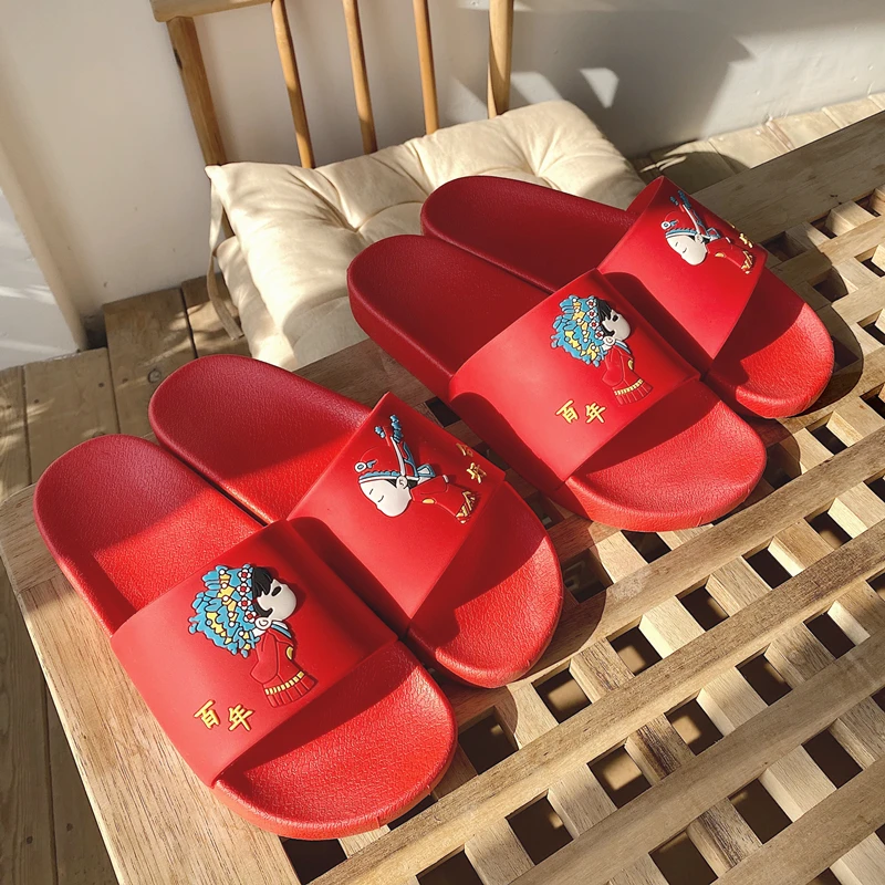 

Bright Red Hundred Years Good for Both Men and Women Couples Summer Anti-skid Wedding Festival Wedding Wedding Slippers