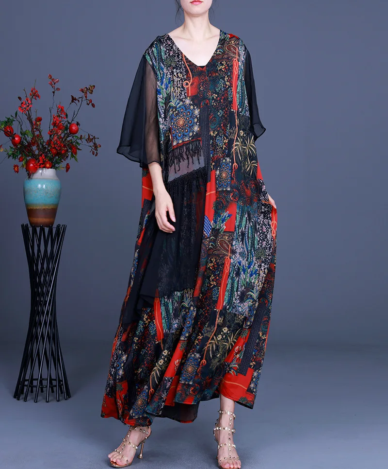 

SuperAen 2021 Summer New V-neck Color Matching Printing Fashion A-LINE Ankle-Length Casual Dress for Women