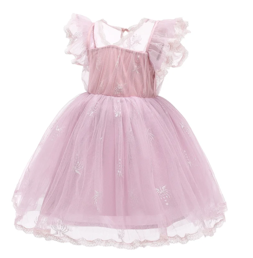 

Kids Dress, Solid Color V-Neck Fly Sleeve Princess Dress One-Piece for Girls, Dusty Pink