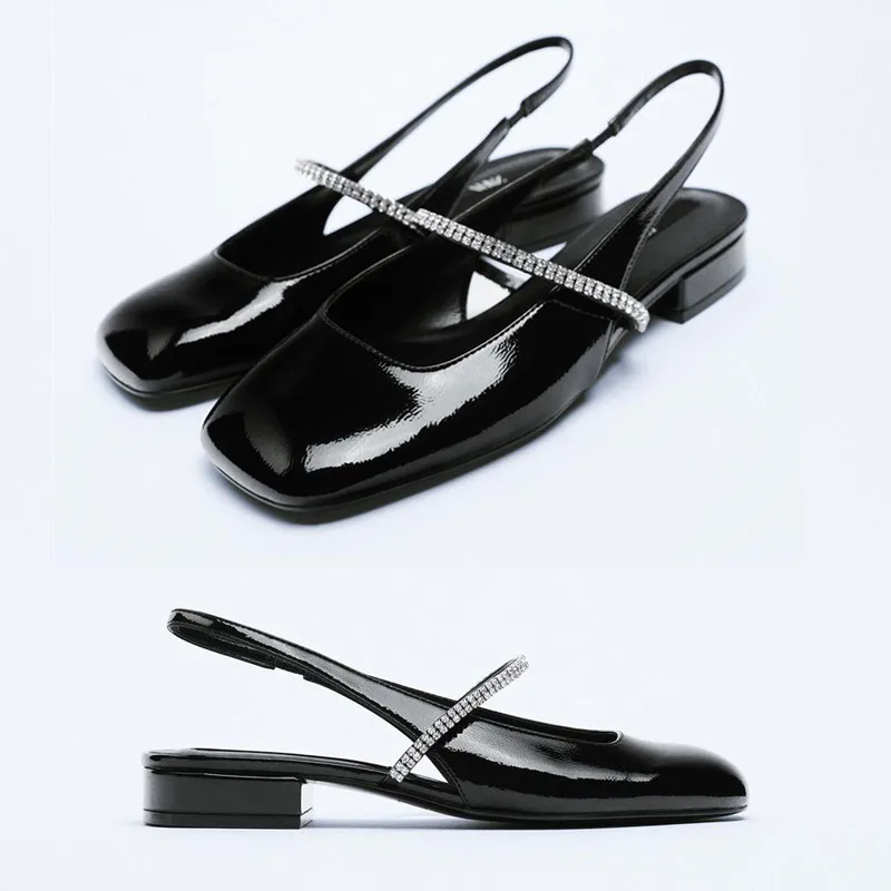 

Женские туфли ZA, Новинка осени 2021, черные Яркие туфли на плоской подошве, Туфли Мэри Джейн из лакированной кожи, босоножки без задника