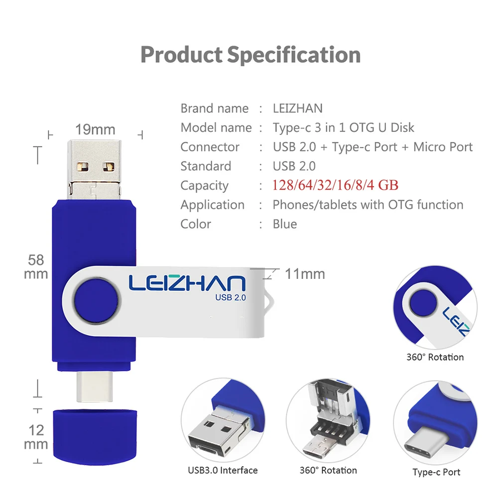 OTG 3 в 1 USB флеш накопитель 128/64/32/16/8/4 ГБ флешка 2 0 + Type C Micro высокоскоростной для