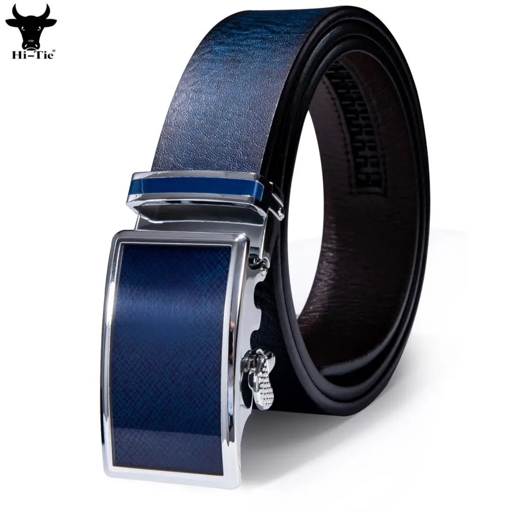 Hi-Tie Mens Belts Metal Automatic Buckles Blue Navy Genuine Leather Ratchet Adult Waist Belt for Men Dress Jeans Wedding Party