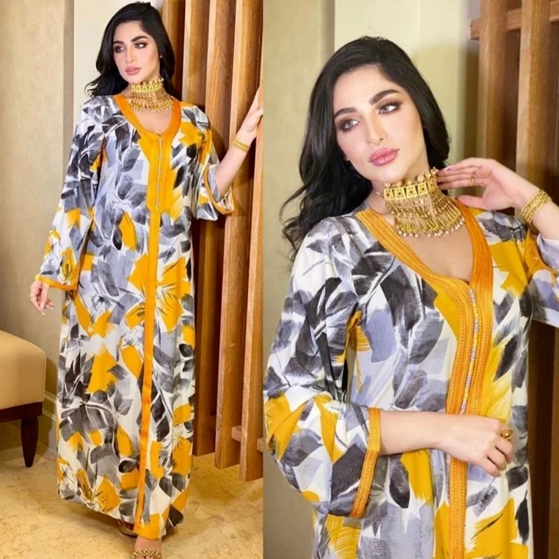 Dubai Fashion Printed Maxi Dress Abaya Muslim Women Loose Style Braid Trimmed Long Sleeve Morroco Kaftan Islam Clothes