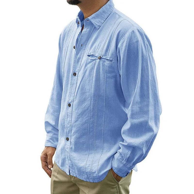OEAK мужские рубашки свободного кроя в Кубинском стиле Guayabera льняные рубашки повседневные пляжные рубашки на пуговицах M-3XL свободные однотонные рубашки с длинным рукавом