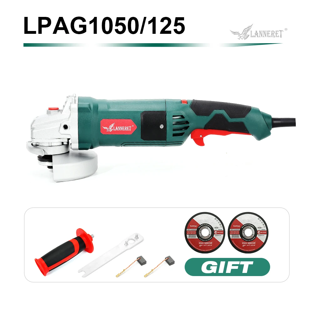 1050W Green LANNERET электрическая угловая шлифовальная машина 750 Вт/1050 Вт 125 мм дисковая боковая защита без инструментов для резки шлифовки металла или камня - Цвет: 1050W Green