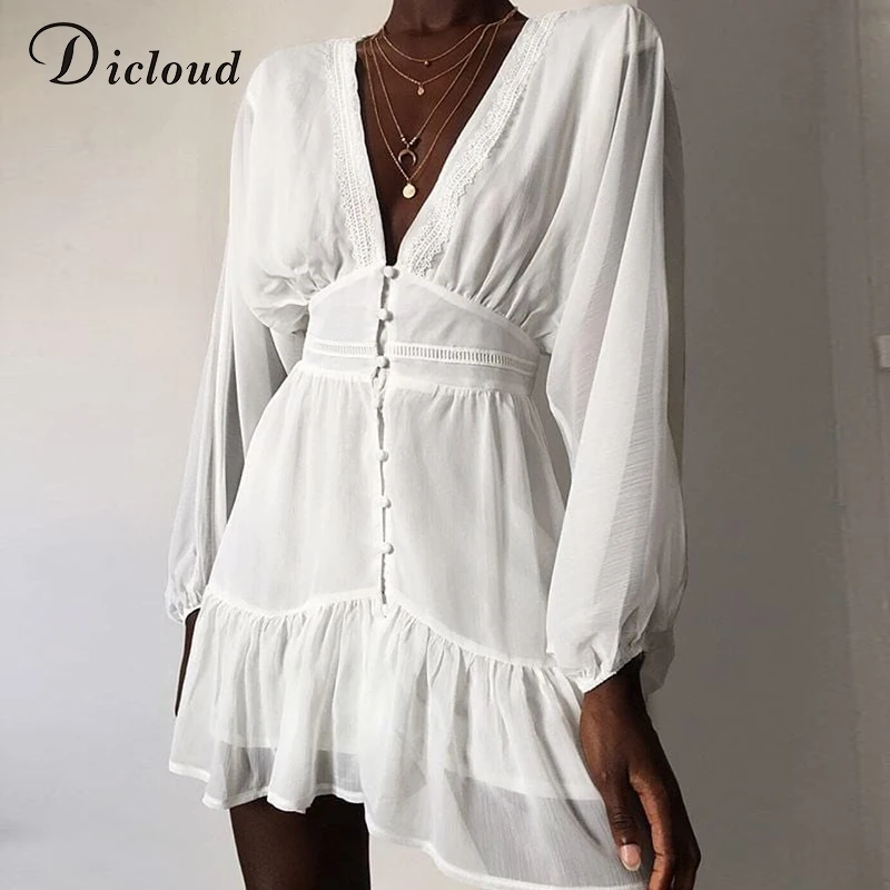 

FAKUNTN Sexy Plunge V Neck Women's Summer Dress White Lace Long Sleeve Mini Wedding Party Dress Ruffle Elegant Clothes 2021