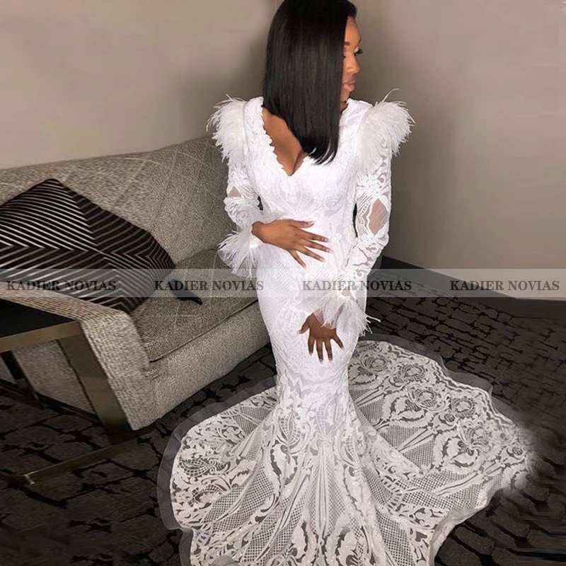 

Long Sleeves V Neck Arabic Mermaid Evening Dress 2021 with Feather Robe de Soiree Elegant Prom Dresses Vestidos De graduacion