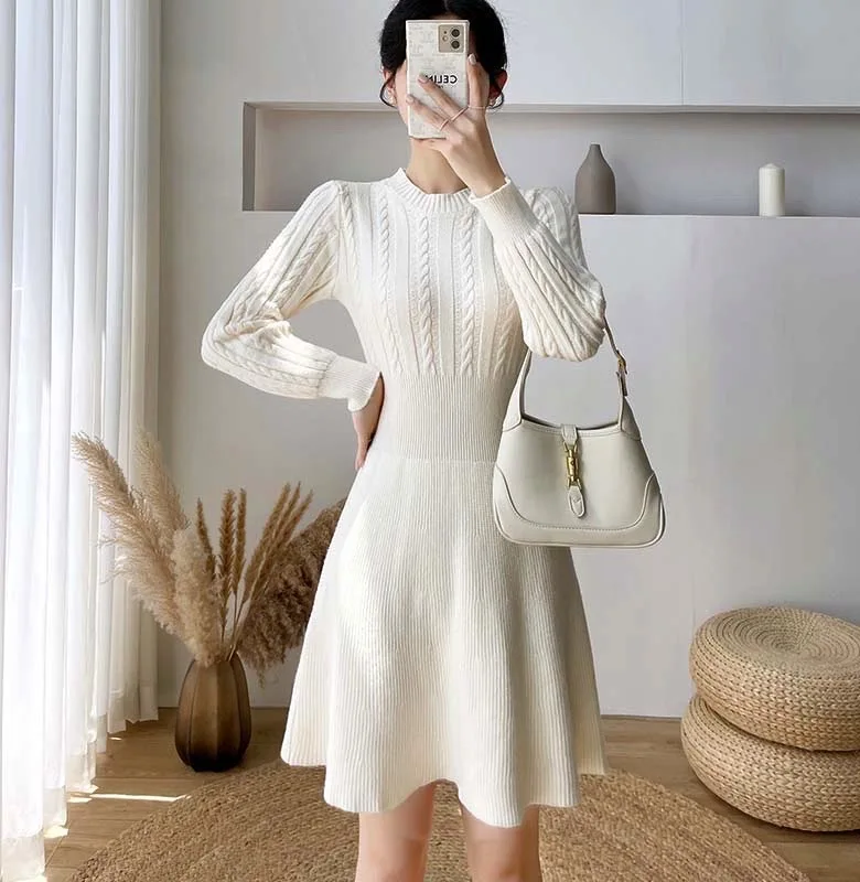 

Женское платье, новинка 2021, вязаное однотонное платье с круглым вырезом, длинным рукавом и высокой талией, осенне-зимнее повседневное корей...