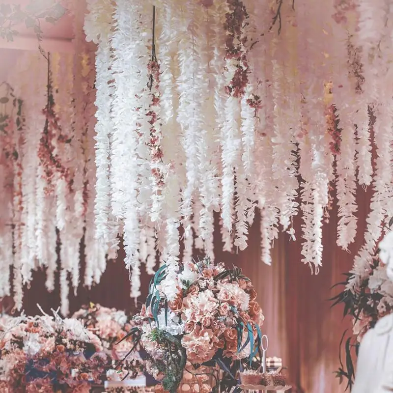 

Unique Design Wedding Backdrop Decoration Orchid Flower Silk Wisteria Vine White Artificial Wreaths Shooting Photo Props Free Sh