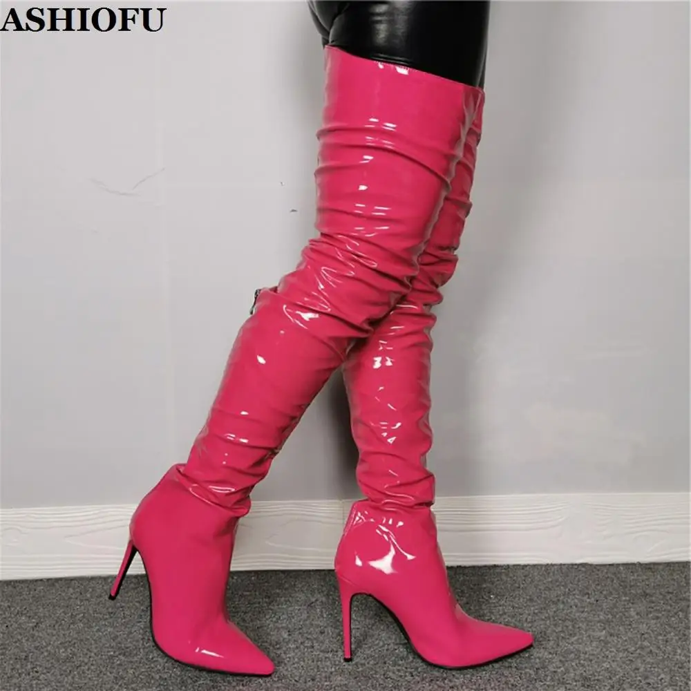 

ASHIOFU Handmade New Ladies Thigh High Boots Patent Leather Sexy Club Party Over Knee Boots Real-photos Evening Fashion Boots