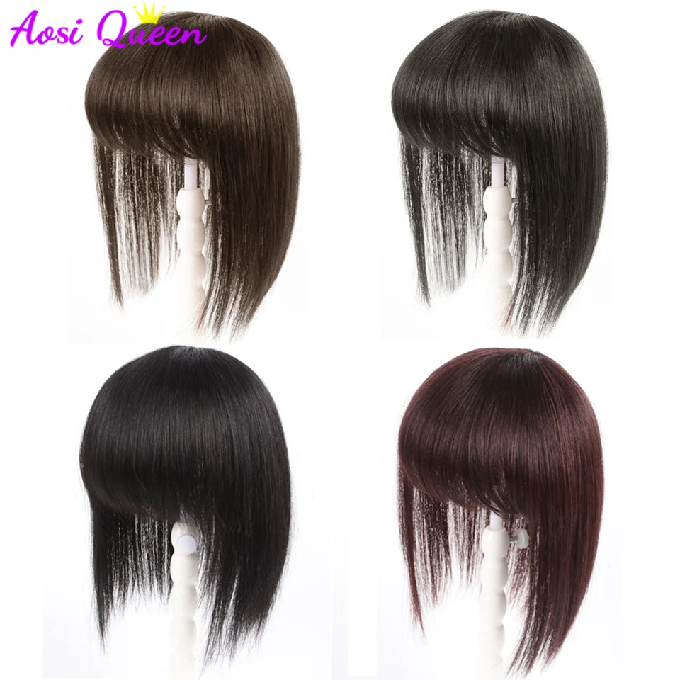 

Clamped on top of blunt bangs, brown and black fake tassels, closed synthetic hair replacement hair extension with high temperat