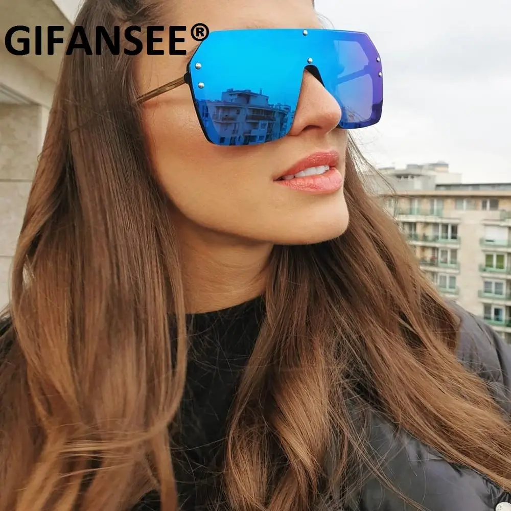 

GIFANSEE oversize One pieces rimless sunglasses women men square mirror vintage Glasses Brand designer shades uv400 eyewear big