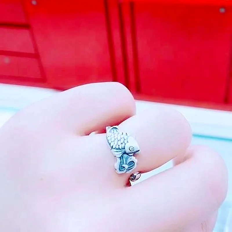 

OMHXZJ Wholesale XR65 European Fashion Woman Party Birthday Wedding Gift Vintage Butterfly Fish 100% 999 Sterling Silver Ring