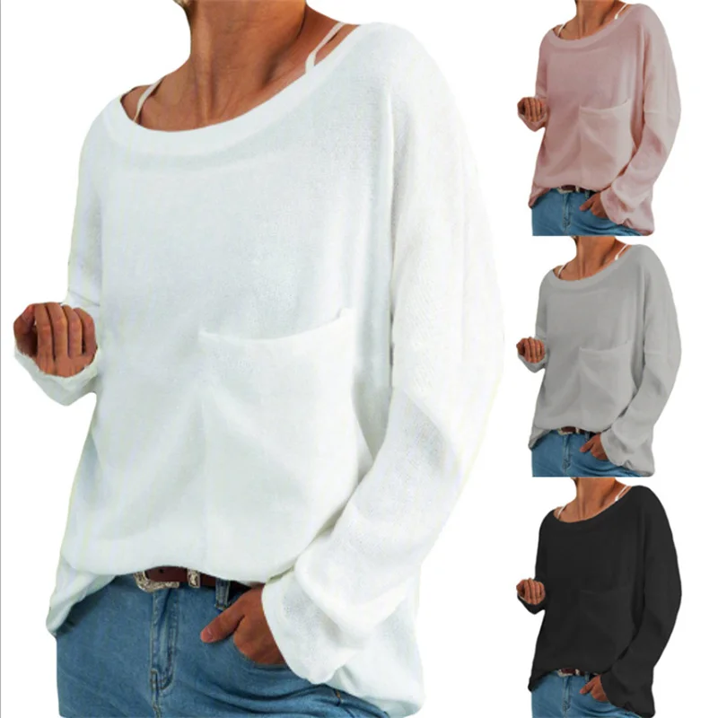 

Women's Basic Solid Color Long Sleeve Pullover Women's Round Neck Pocket Long Sleeve Hoodie Women's Autumn Bottom Hoodie Top