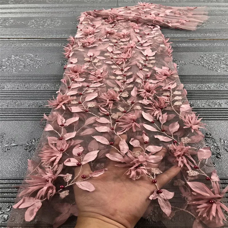 

Fashion African Lace Fabric High Quality 3D Flower Fabric Embroidery with Beads French Tulle Net Lace for Wedding Dress