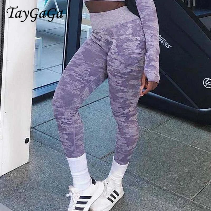 Taygaga Women's Camouflage Tight Leggings Knitted Peach Butt Sexy Sports Fitness Pants Girdle Hips Fitness Yoga Leggings Female