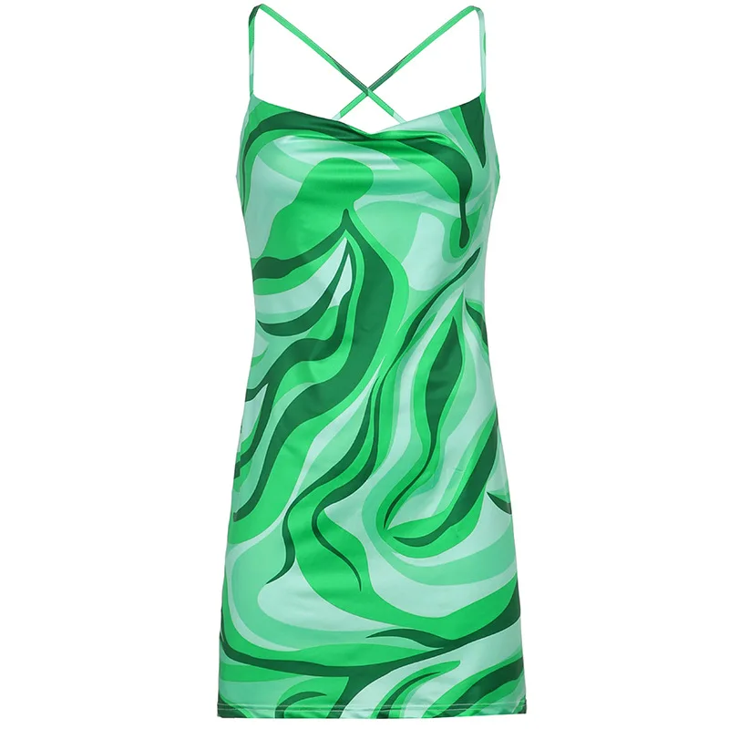 

Mini Dress For Women Green Seaweed 2021 Casual Sheath Backless Spaghetti Strap V-Neck Summer Beach Dress Elegant Women Clothes