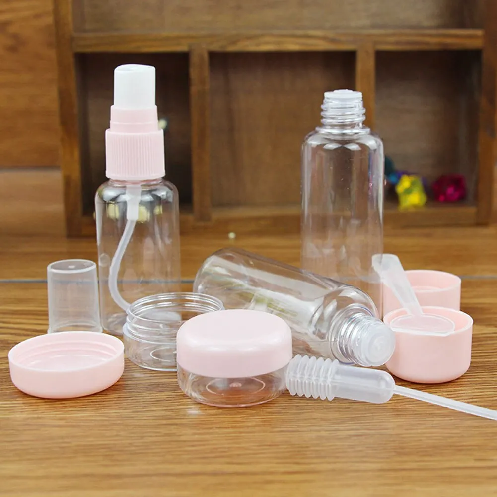 

7pcs/set Portable Travel Jars for Cosmetics Container Bottle Wash Bag Cosmetic Spray Shampoo Facial Cleanser Cream Bottle Kits