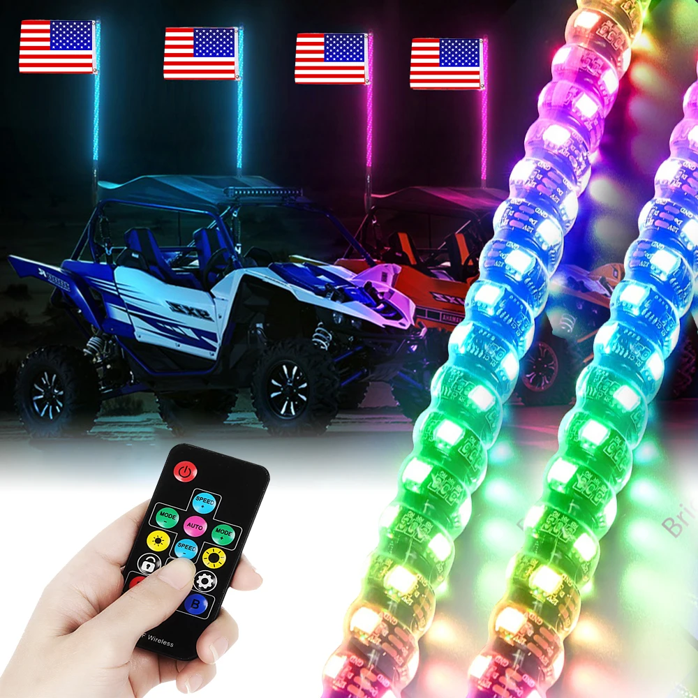 3/4/5FT RGB Waterproof Bendable Remote Control Multi-color LED Flagpole Lamp Light Super Bright Whip Light for SUV ATV UTV, RZR