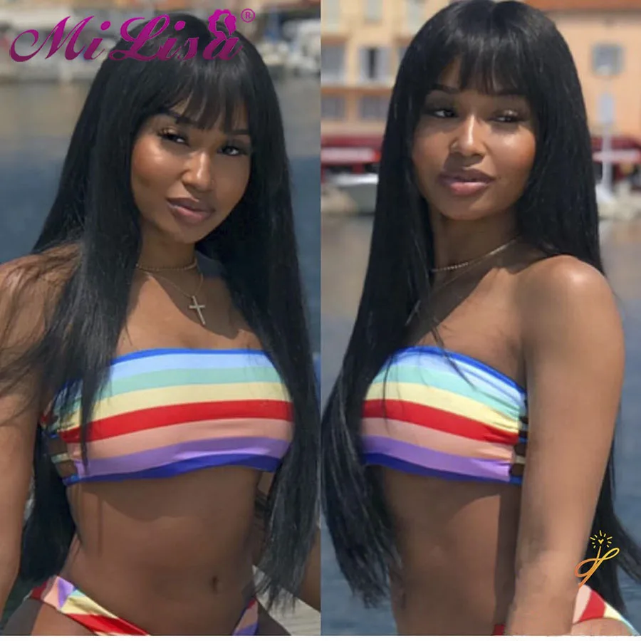 Прямые парики из человеческих волос с челкой предварительно выщипанные машинной