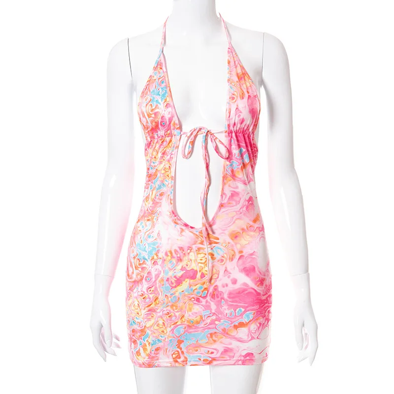 

K21DS274 European and American fashion women's summer new style sexy printed halter neck lace halter dress