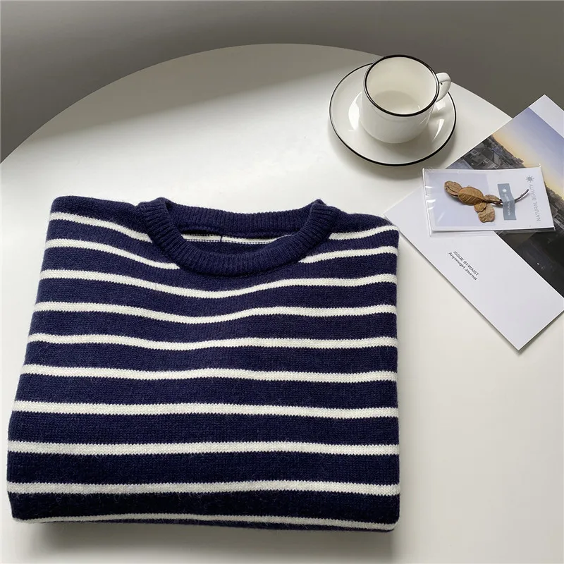 

Fashion Contrast Stripes Simple Casual Pullover Sweater 2020 Autumn Winter New Basic All Match O Neck Button Knit Top Women