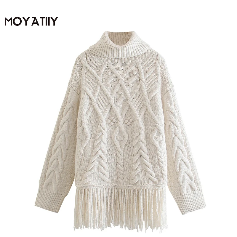 

MOYATIIY Women 2021 Fashion with Tassel Sweater Elegant High Neck Winter Warm Thick Pullover Sweaters Long Sleeve Female Tops