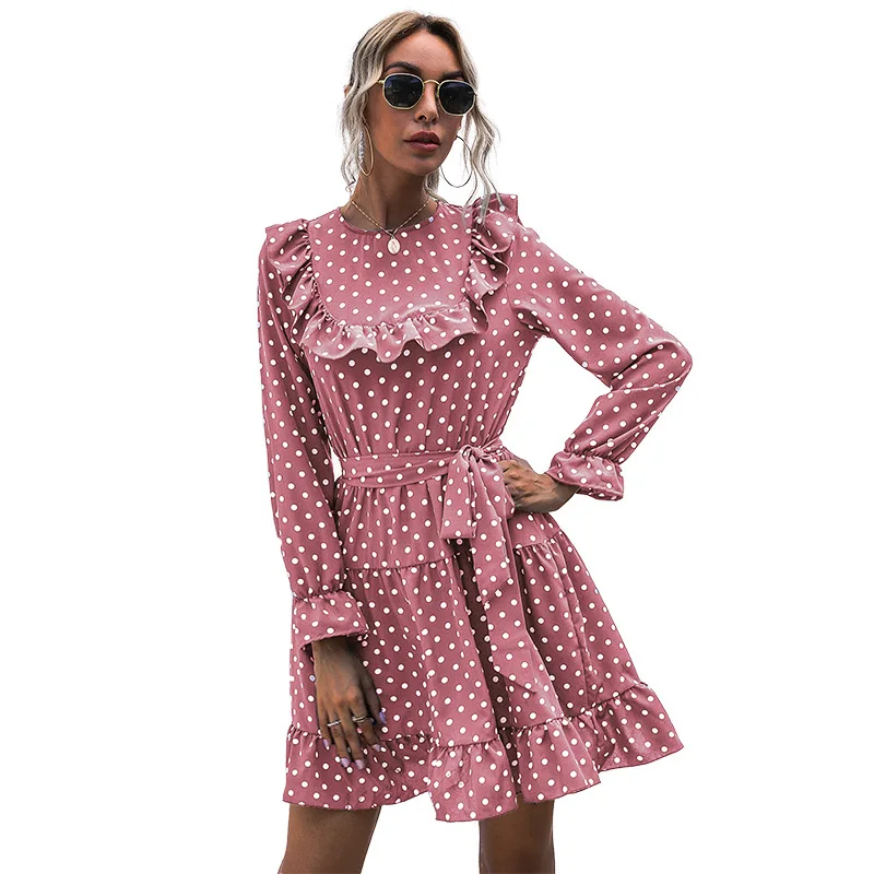 

2021 Autumn Retro Trumpet Long-sleeved Polka Dot Ruffle Dress Women
