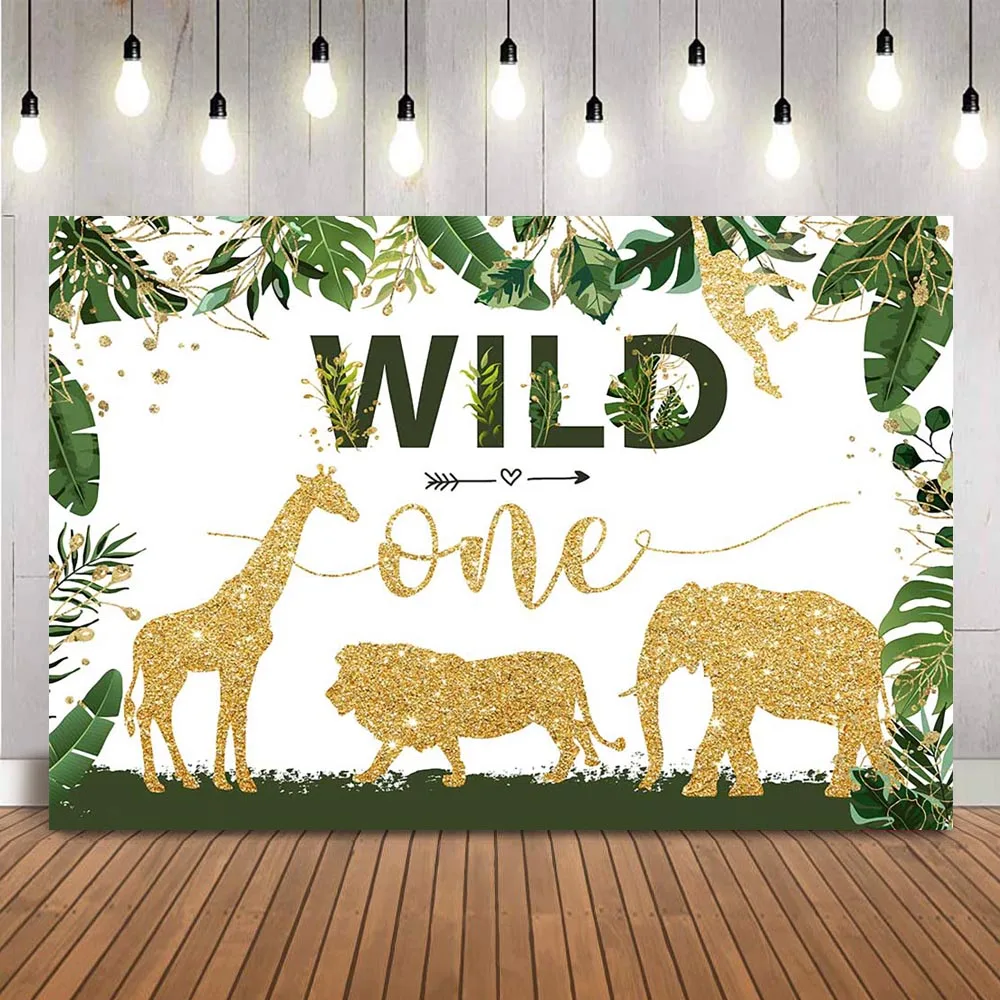

Wild One Birthday Backdrop Safari 1st Birthday Party Background Woodland green leaves photo background gold glitter animals