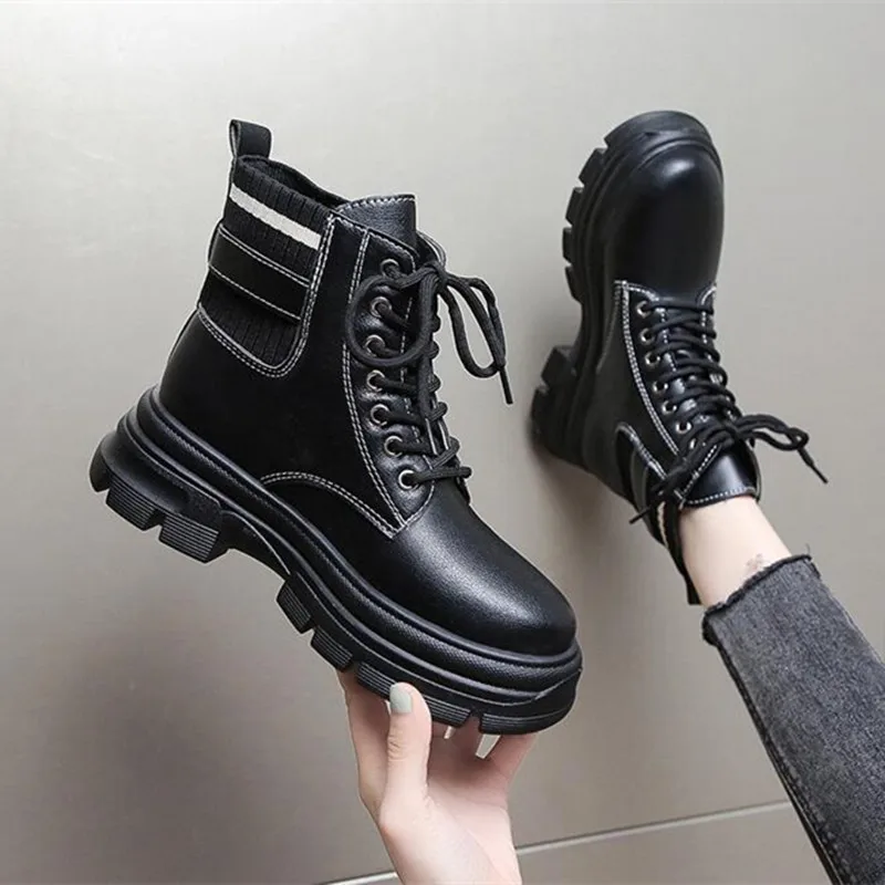 Womer Combat Boots Platform Women Ladies Shoes Fall Fashion Lace Up Beige Black Ankle Boots for Women Leather Platform Heel Boot