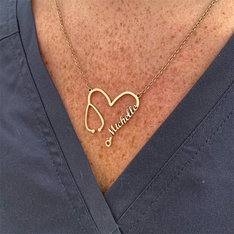

Personalized Medical Students Nurse Jewelry Heartbeat Personalized Stethoscope Name Necklace Graduation Gift Gold Color Chain