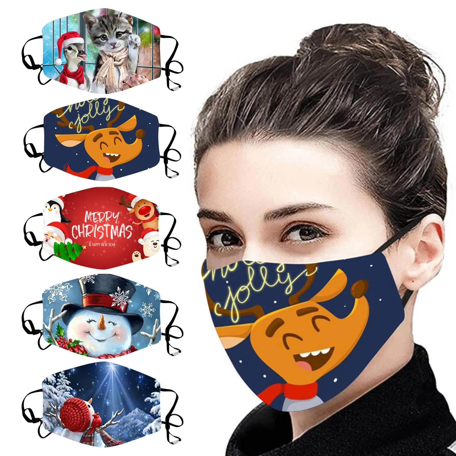 

5PC Christmas Masks Adults Fashion Printed Masque Washable Reusable Face Mask Personality Unisex Breathable Earloops Mascarillas