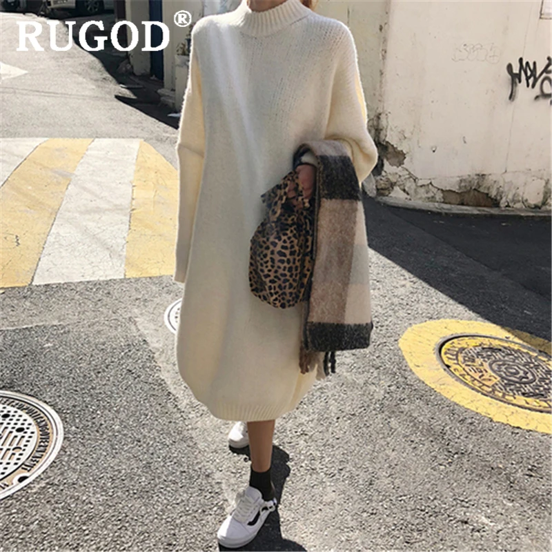 RUGOD элегантное однотонное вязаное длинное платье 2019 осень зима теплое свободное