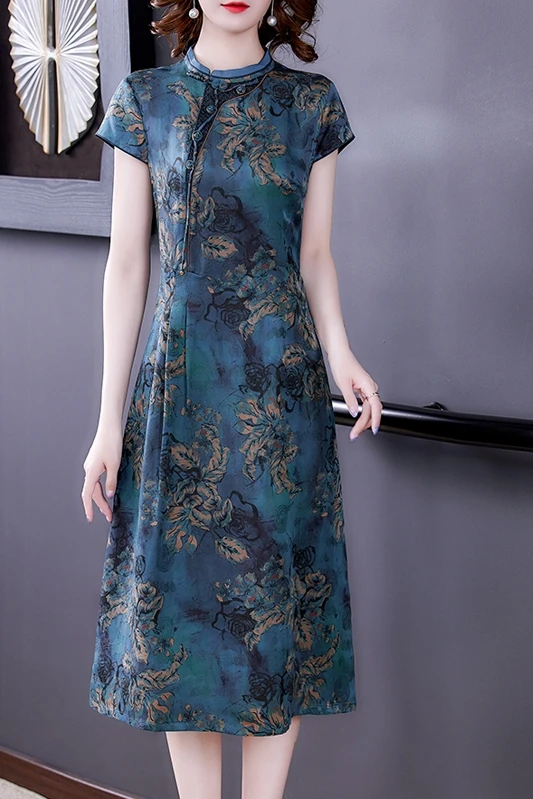 

COIGARSAM Women Dress Summer 2021 New Fashion Vintage Print Silk Short Sleeve Stand Neck Dresses Traf Robe Vestidos