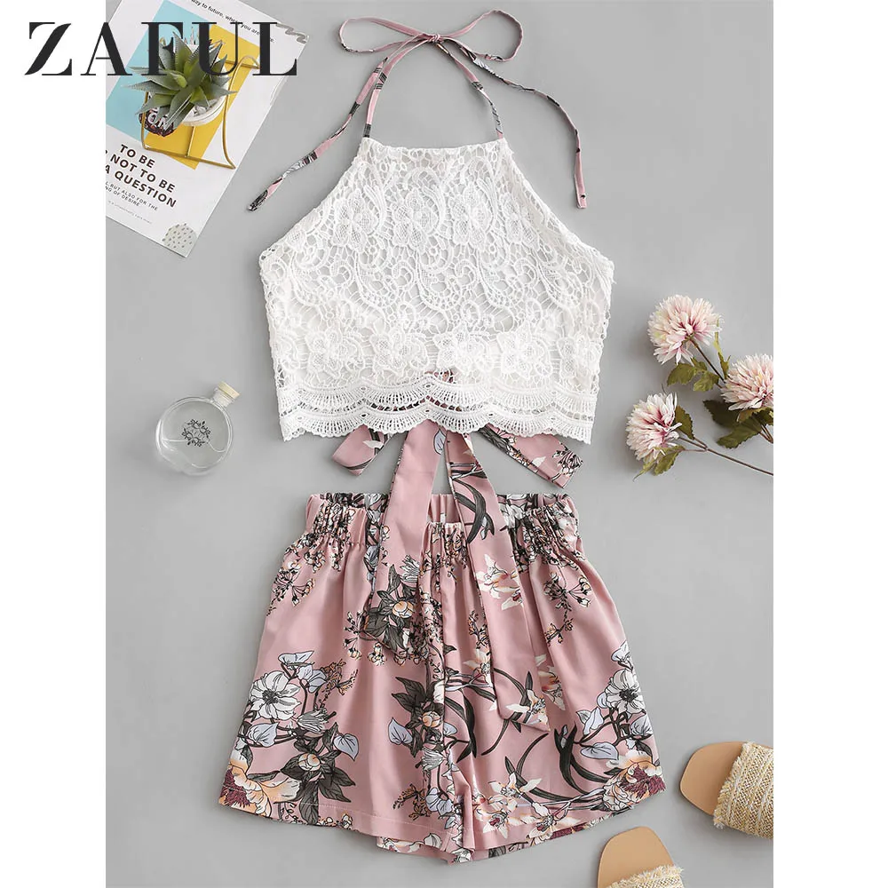ZAFUL Lace Panel Floral Halter Two Pieces Suit Chic High Waist Sleeveless Women's Sets Vintage Pullover Crop Top And Shorts 2019 | Женская