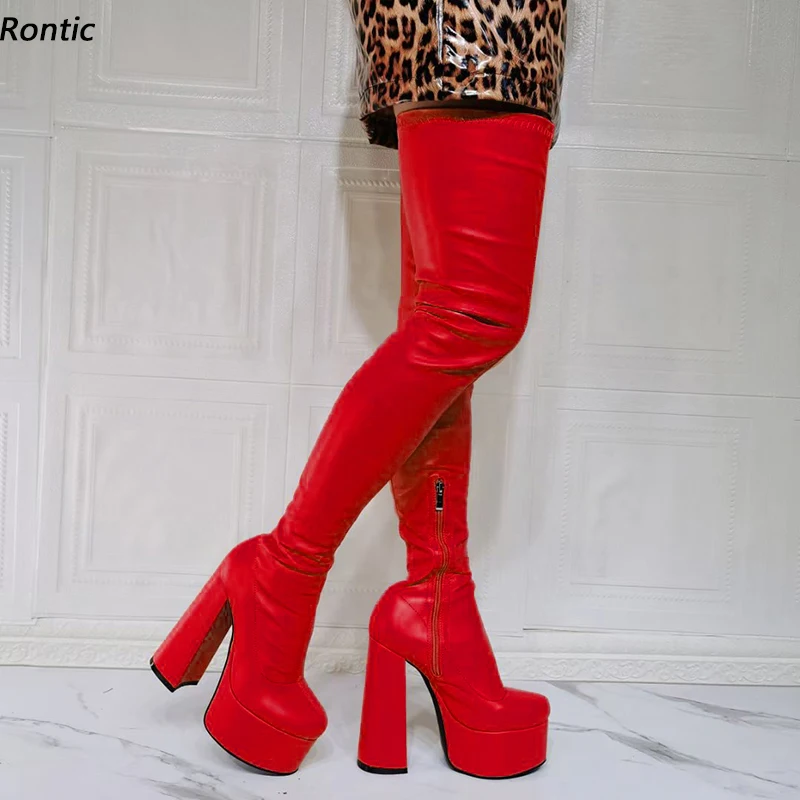 

Rontic New Arrival Women Spring Thigh Boots Flexible Boots Chunky Heels Round Toe Pretty Red Black Party Shoes Size 34 45 47