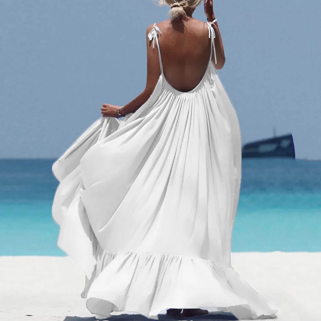 Женское длинное платье на бретельках Boho богемное пляжное с открытой спиной лето