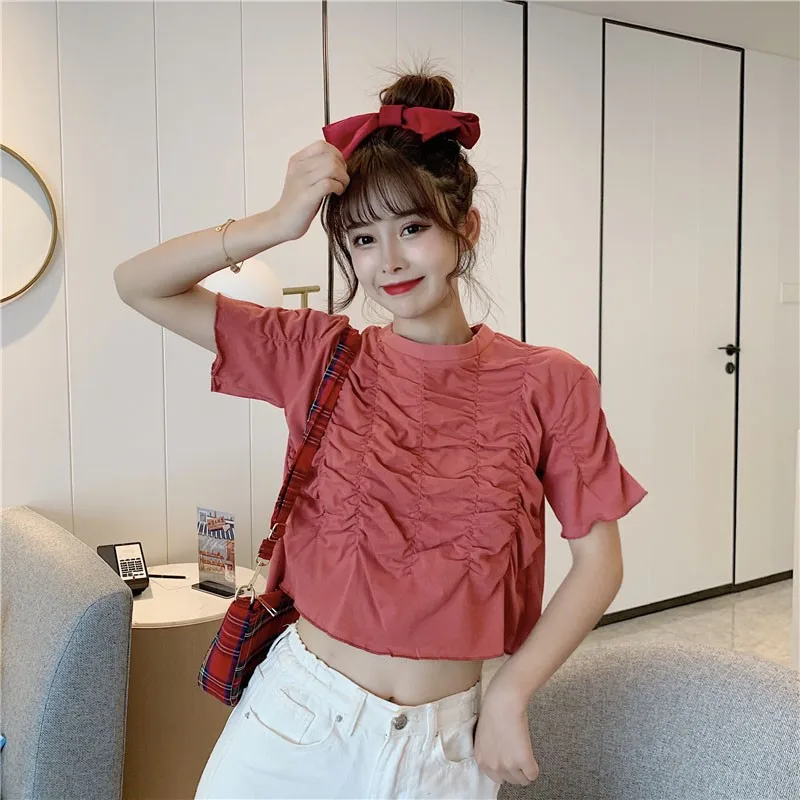 

Summer Short Sleeve Women Blouses Solid Colorchic Fashion Pleated Women's Shirt 2020 New