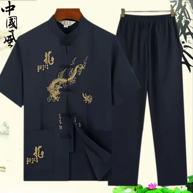 

Традиционный китайский мужской костюм с вышивкой Тан, тайцзи с коротким рукавом, хлопковая одежда Dragon Wushu, свободная Мужская рубашка Кунг-фу