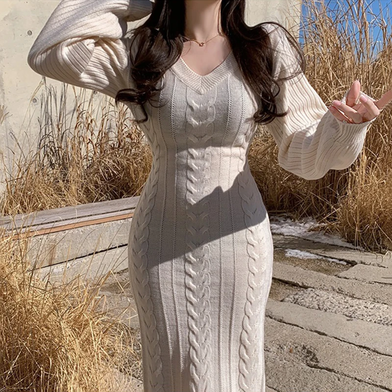 V Neck Casual Warm Knitted Jumper Dresses Solid Thick 2021 Sweater Dress Women New Winter Korean Pollover Woman Knitwear Robe | Женская