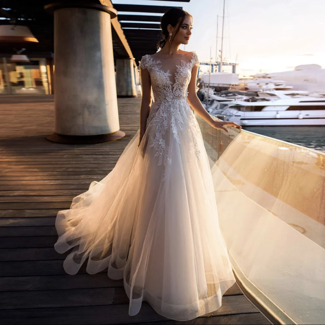 RANMO Wedding Dress 2021 A-Line Sheer Neck Cap Sleeve Lace Appliques Button Tulle Sweep Train Bride Gown Vestidos De Noiva