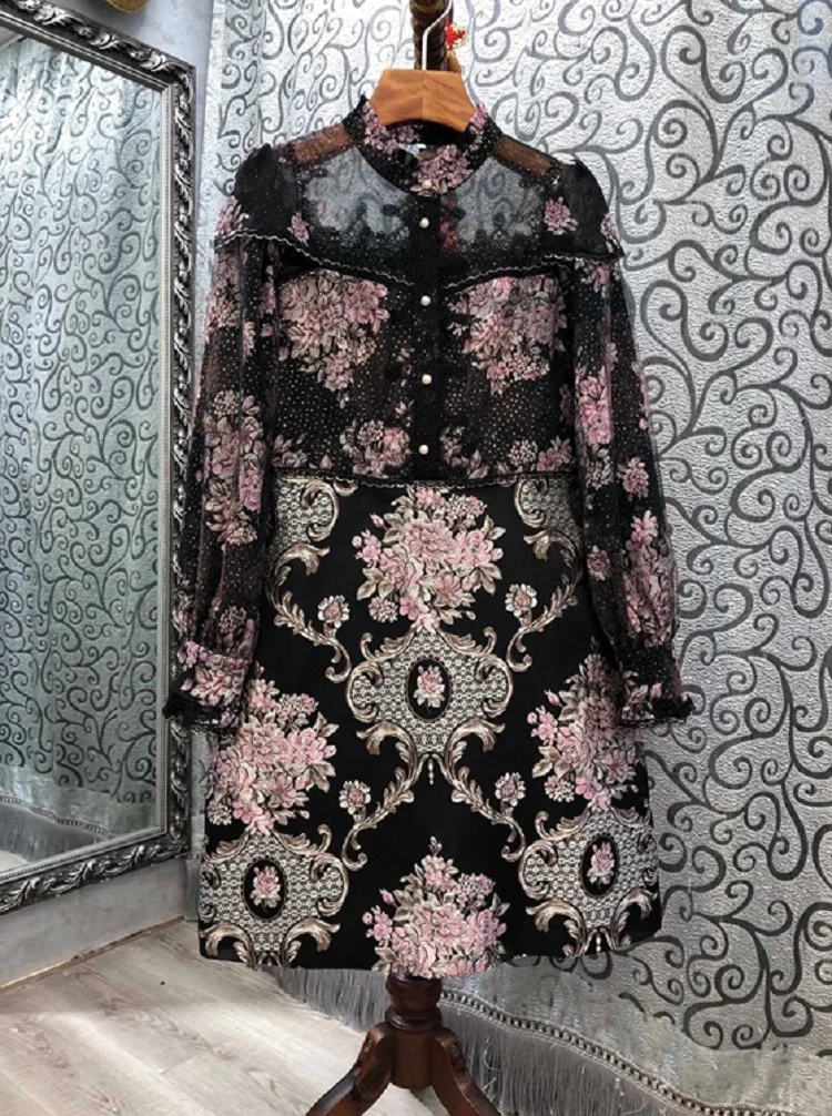 

Newest Fashion Party Vintage Dresses 2020 Autumn Winter Women Luxurious Embroidery Lace Patchork Long Sleeve Black Grey Dress