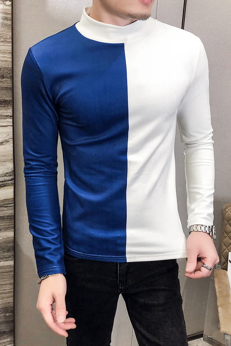 

Men T-shirt Autumn Splicing Long Sleeve Casual Slim Fit T-shirt Korean Half Turtleneck T-shirt Streetwear Hip-Hop Tees Camisas