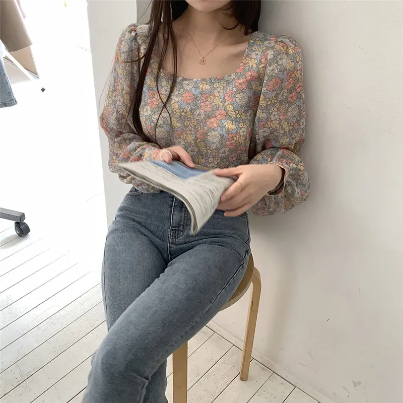 

Elegance 2021 Streetwear Chiffon Women Shirts Newest Gentle Romance Tops Vintage Florals Loose Office Lady Blouses