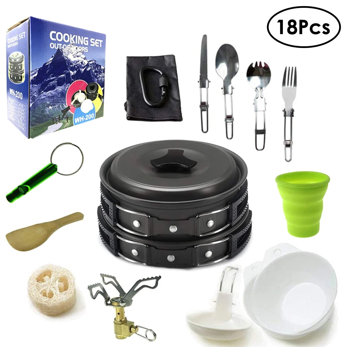

18pcs Outdoor Camping Equipment Cooking Set Pot Pan Cookware Stove Carabiner Spork Knife Spoon Hiking Backpacking Picnic