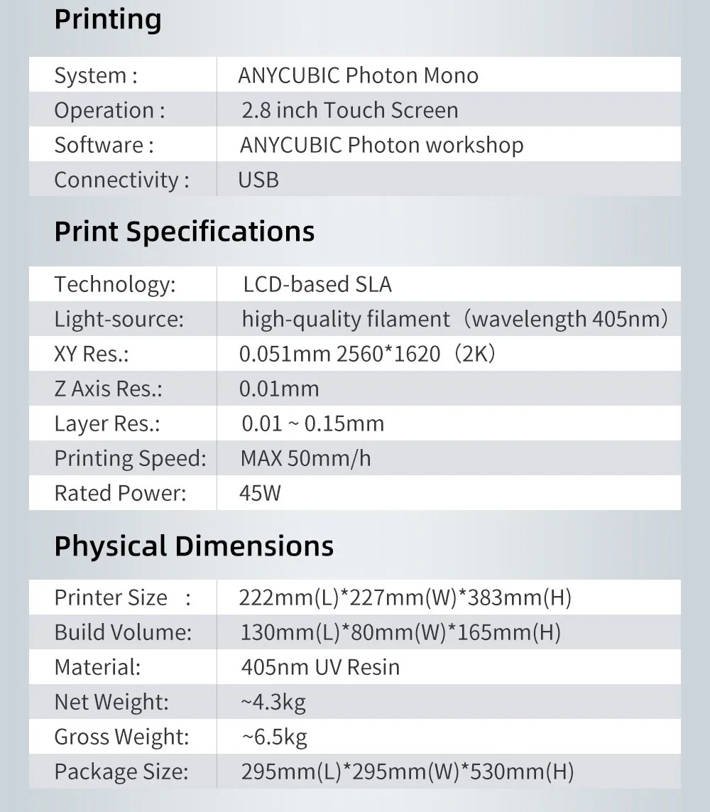 3d принтер в наличии ANYCUBIC Photon Mono SLA 2K черный белый экран УФ светильник настольный