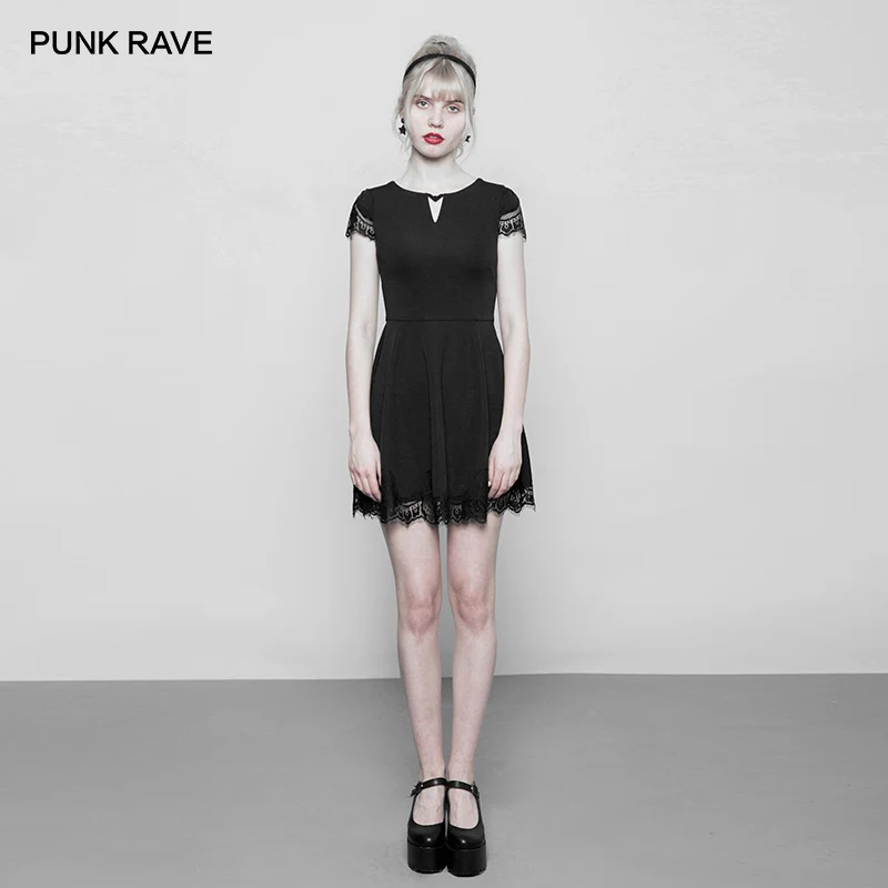 Женское Короткое платье в стиле панк Черное мини с коротким рукавом v образный