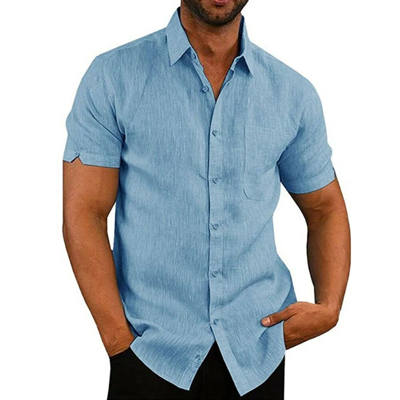 Мужская однотонная льняная хлопковая рубашка с коротким рукавом летние